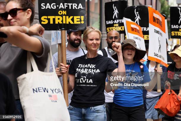 Cynthia Nixon joins SAG-AFTRA members on the picket line outside of Netflix and Warner Bros on July 21, 2023 in New York City. Members of SAG-AFTRA,...