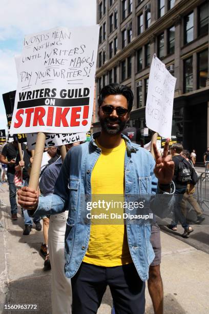 Hasan Minhaj joins SAG-AFTRA members on the picket line outside of Netflix and Warner Bros on July 21, 2023 in New York City. Members of SAG-AFTRA,...