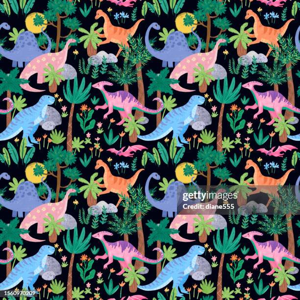 cute watercolor dinosaurs in pastel colors seamless background - dinosaur background stock illustrations