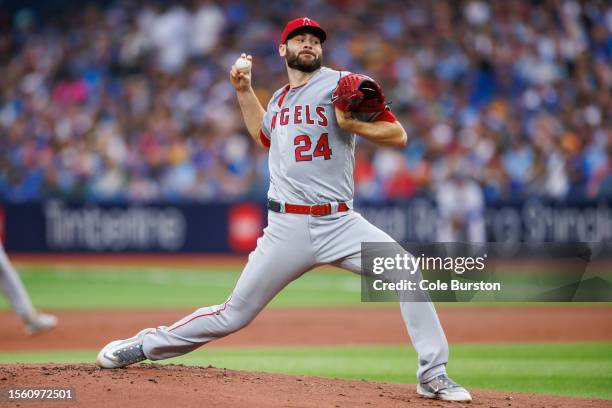 Lucas Giolito of the Los Angeles Angels pitches in the first inning against the Toronto Blue Jays at Rogers Centre on July 28, 2023 in Toronto,...