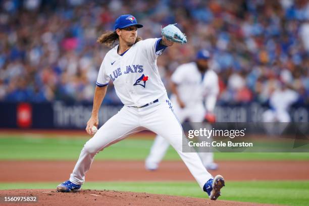 Kevin Gausman of the Toronto Blue Jays pitches in the first inning against the Los Angeles Angels at Rogers Centre on July 28, 2023 in Toronto,...