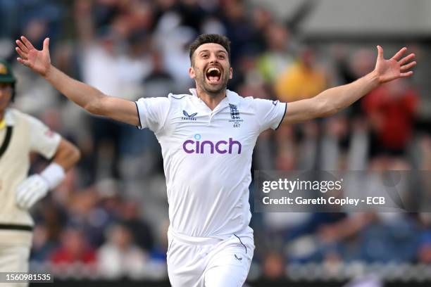 Mark Wood of England celebrates dismissing Travis Head of Australia during day three of the LV= Insurance Ashes 4th Test Match between England and...