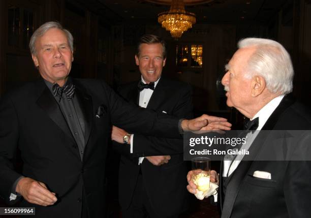 Tom Brokaw, Brian Williams, and Walter Cronkite during International Radio and Television Society Foundation 2004 Gold Medal Dinner at Waldorf...