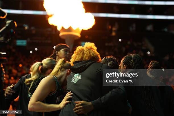 New York Liberty huddle up before the game against the Minnesota Lynx on July 28, 2023 at Barclays Center in Brooklyn, New York. NOTE TO USER: User...