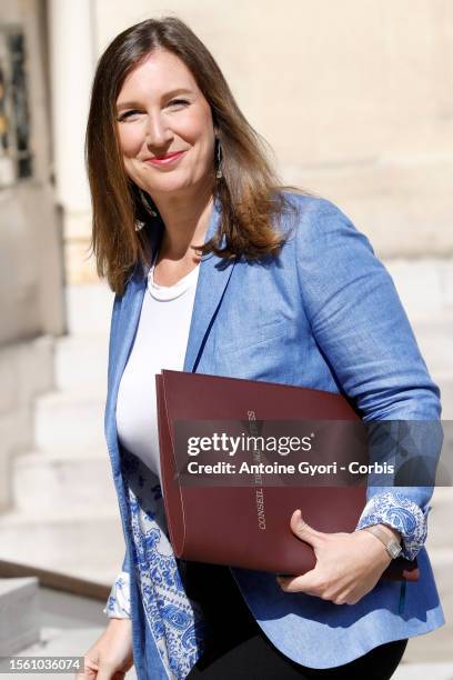 French Junior Minister for the Education and Professional training Carole Grandjean leave after a cabinet meeting at the Elysee Palace on July 21,...