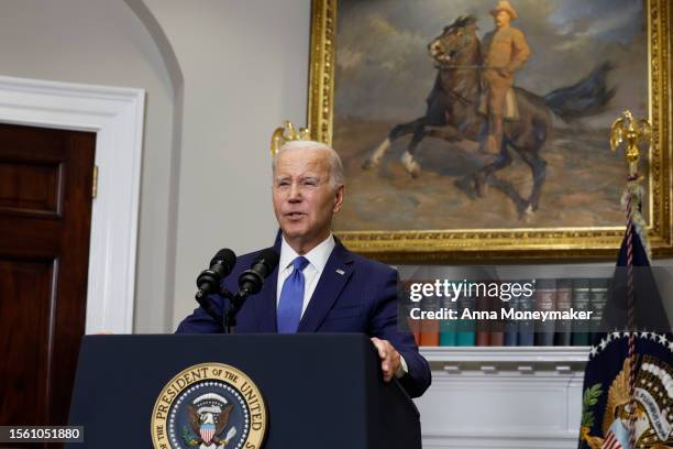 President Joe Biden gives remarks on Artificial Intelligence in the Roosevelt Room at the White House on July 21, 2023 in Washington, DC. President...