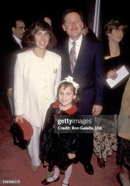 Actress Mara Wilson, mother Suzie Shapiro and father Michael Wilson attend the 'Mrs. Doubtfire' Beverly Hills Premiere on November 22, 1993 at...