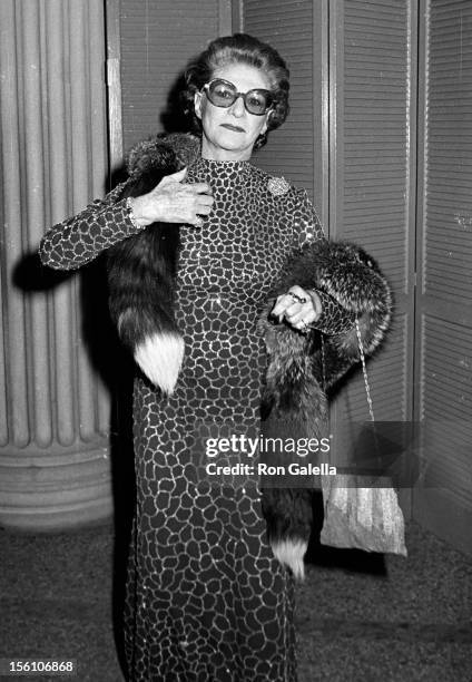 Socialite Pauline Trigere attending 'Costume Exhibit Fashions from the Hapsburg Era' on December 3, 1979 at the Metropolitan Museum of Art in New...