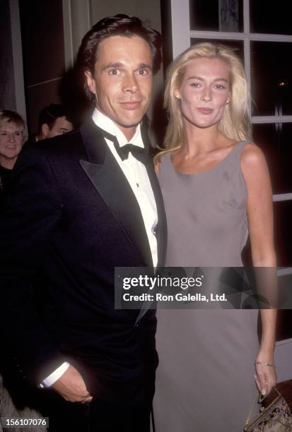 Actress Alison Doody and guest attend the American Ireland Fund's Heritage Award Honoring Maureen O'Hara on November 6, 1991 at Regent Beverly...