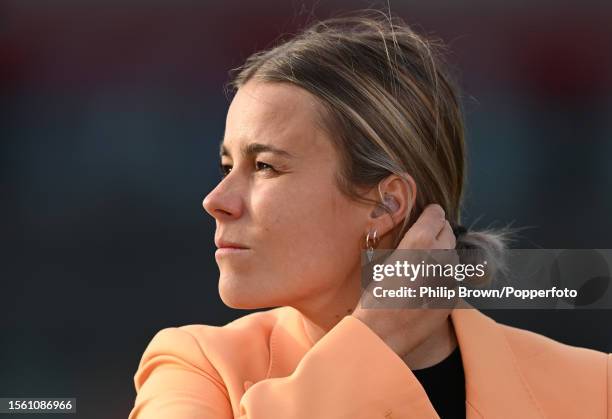 Alex Hartley of the BBC looks on after the third day of the 4th Test between England and Australia at Emirates Old Trafford on July 21, 2023 in...