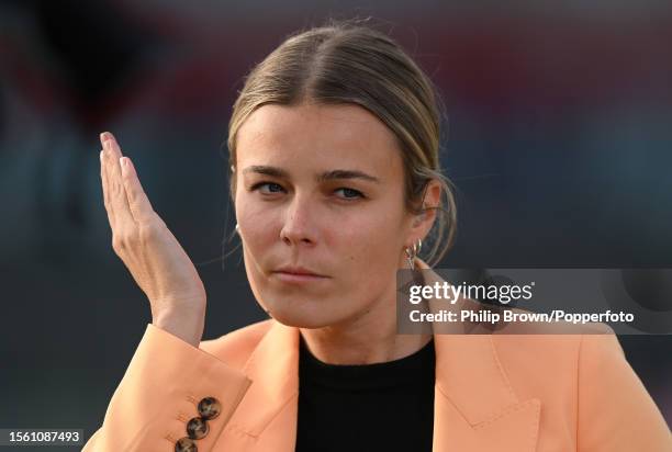 Alex Hartley of the BBC looks on after the third day of the 4th Test between England and Australia at Emirates Old Trafford on July 21, 2023 in...