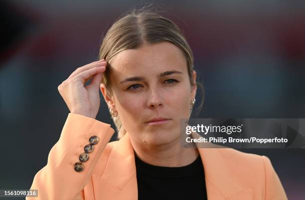 Alex Hartley of the BBC looks on after the third day of the 4th Test between England and Australia at Emirates Old Trafford on July 21, 2023 in...