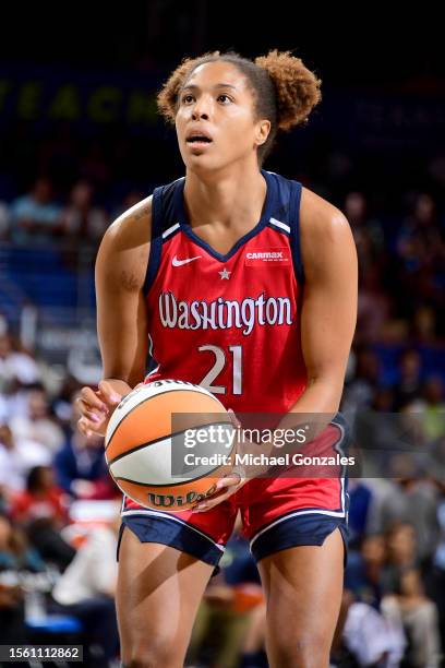 Tianna Hawkins of the Washington Mystics prepares to shoot a free throw during the game against the Dallas Wings on July 28, 2023 at the College Park...