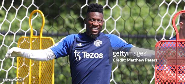 Andre Onana of Manchester United in action during a pre-season training session at Pingry School on July 21, 2023 in Basking Ridge, New Jersey.