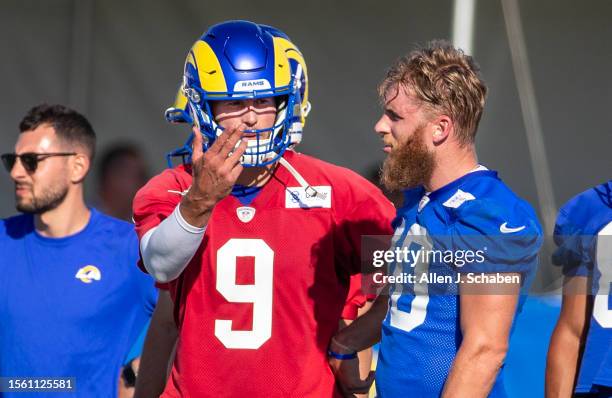 Rams quarterback Matthew Stafford, #9, talks to wide receiver Cooper Kupp, #10 during Rams training camp at UCI in Irvine Thursday, July 27, 2023.