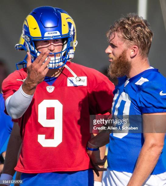 Rams quarterback Matthew Stafford, #9, talks to wide receiver Cooper Kupp, #10 during Rams training camp at UCI in Irvine Thursday, July 27, 2023.