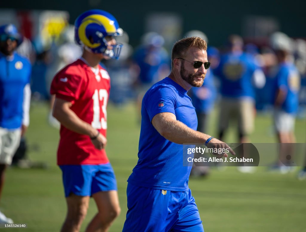 Rams coach Sean McVay coaches as quarterback Stetson Bennett, left ...