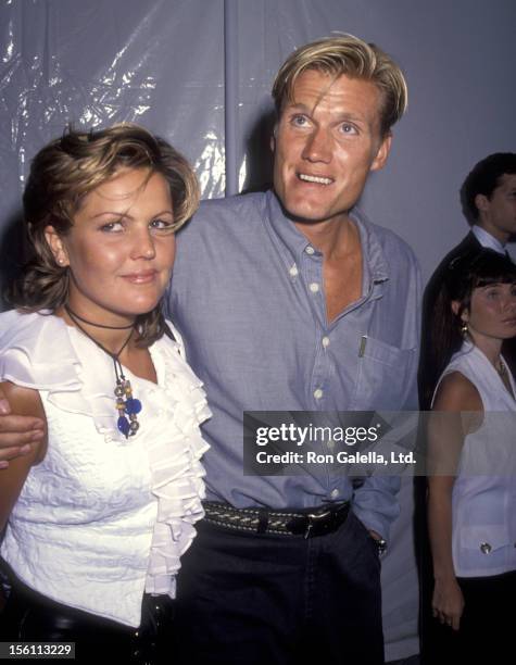 Actor Dolph Lundgren and wife Anette Qviberg attend the 'Rising Sun' Beverly Hills Premiere on July 28, 1993 at Academy Theatre in Beverly Hills,...
