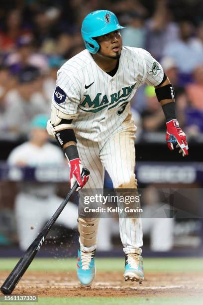Luis Arraez of the Miami Marlins hits a double during the seventh inning of the game between the Detroit Tigers and the Miami Marlins at loanDepot...