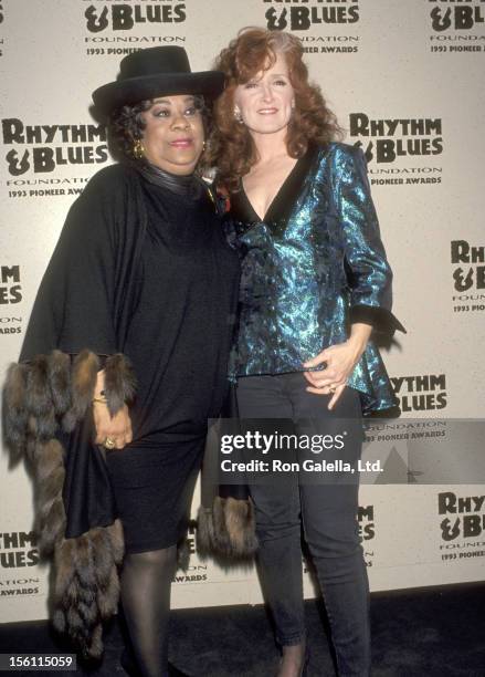 Singer Ruth Brown and Musician Bonnie Raitt attend The Rhythm & Blues Foundation's Fourth Annual Pioneer Awards on February 25, 1993 at Palace...