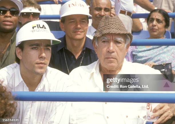 Actor Anthony Quinn and son Lorenzon Quinn attend the 1989 U.S. Tennis Open on September 9, 1989 at Flushing Meadows Park in Queens, New York.