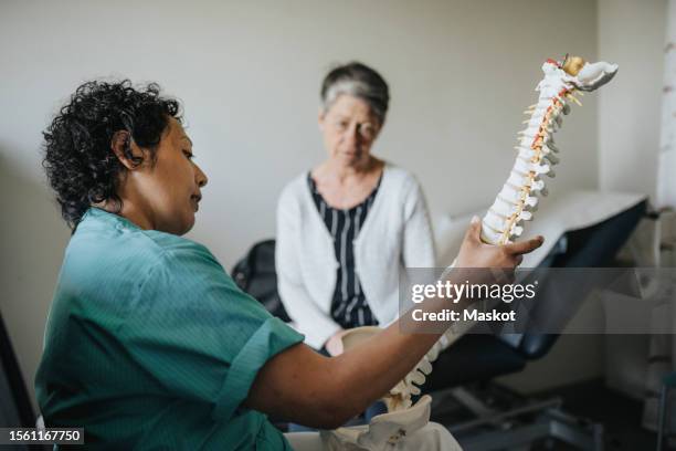 doctor explaining senior patient over spine model in clinic - backbone stock pictures, royalty-free photos & images