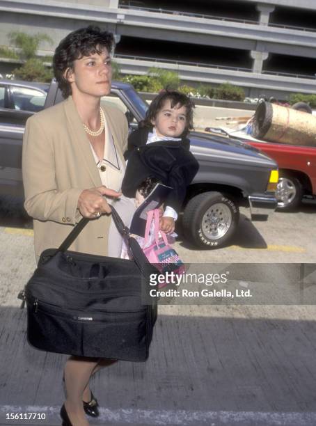 Kathy Benvin and daughter Antonia Quinn on April 28, 1995 departing from the Los Angeles International Airport in Los Angeles, California.