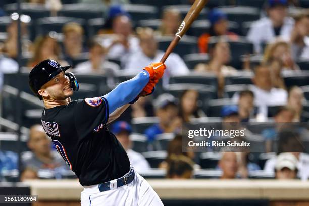 Pete Alonso of the New York Mets hits a two-run home run during the seventh inning against the Washington Nationals at Citi Field on July 28, 2023 in...