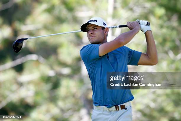 Joakim Lagergren of Sweden plays his shot from the eighth tee during the second round of the Barracuda Championship at Tahoe Mountain Club on July...