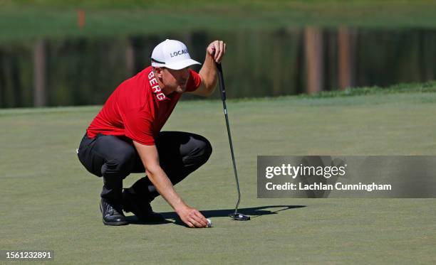 Jonas Blixt of Sweden lines up a putt on the seventh green during the second round of the Barracuda Championship at Tahoe Mountain Club on July 21,...