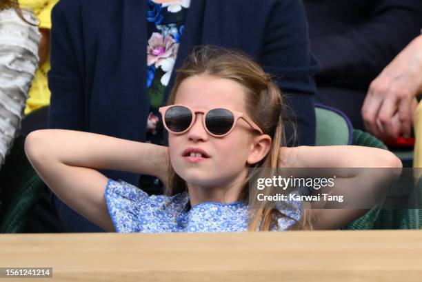 Princess Charlotte of Wales watches Carlos Alcaraz vs Novak Djokovic in the Wimbledon 2023 men's final on Centre Court during day fourteen of the...