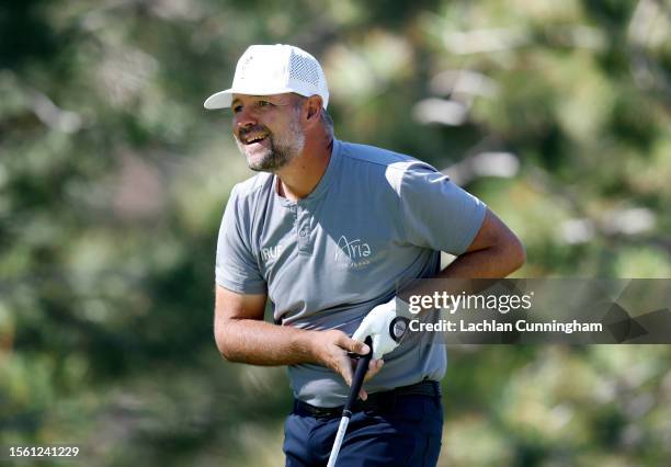 Ryan Moore of the United States plays his shot from the eighth tee during the second round of the Barracuda Championship at Tahoe Mountain Club on...