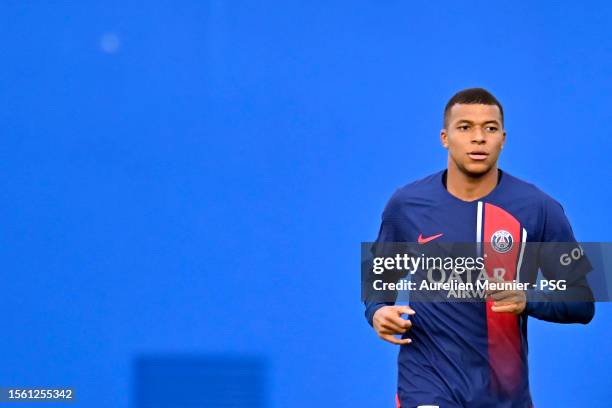 Kylian Mbappe of Paris Saint-Germain looks on during the pre-season friendly match between Paris Saint-Germain and Le Havre at Campus PSG on July 21,...