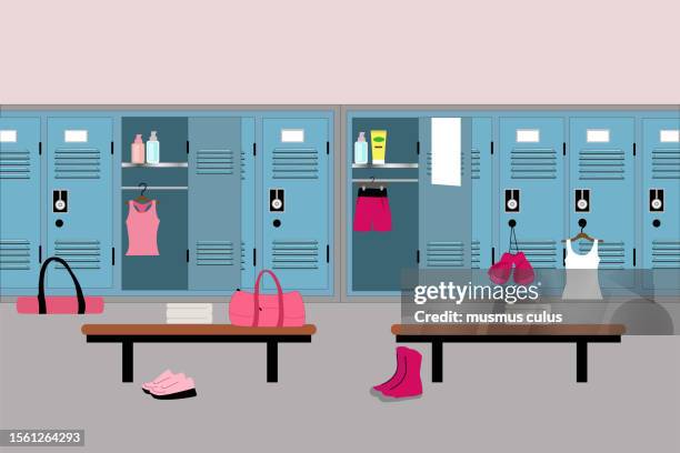 ilustraciones, imágenes clip art, dibujos animados e iconos de stock de vestuarios y material deportivo perteneciente a las atletas femeninas - locker room
