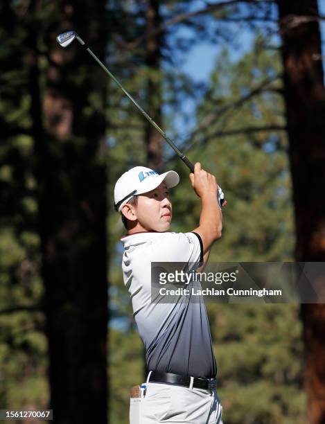 Seung-yul Noh of South Korea plays his shot from the seventh tee during the second round of the Barracuda Championship at Tahoe Mountain Club on July...