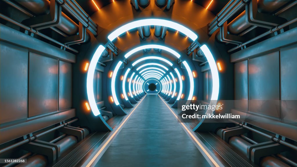 Máquina del tiempo iluminada con luces de neón o portal a un mundo desconocido