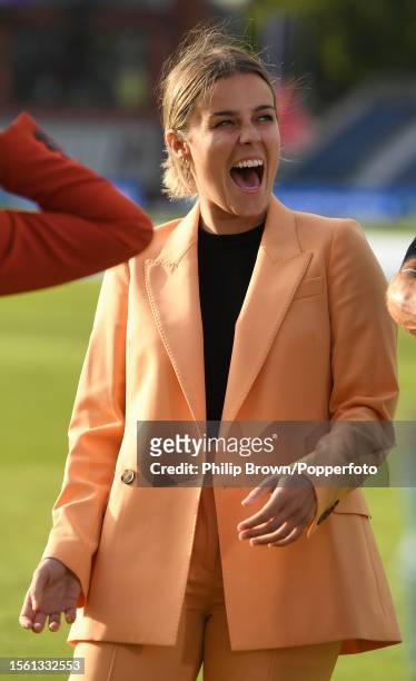 Alex Hartley of the BBC laughs after the third day of the 4th Test between England and Australia at Emirates Old Trafford on July 21, 2023 in...