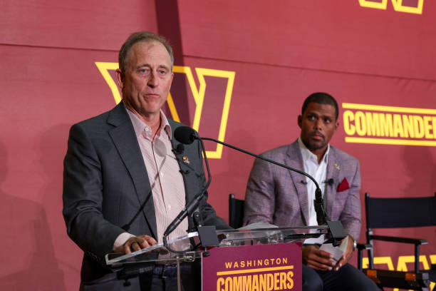 Josh Harris, new owner of the Washington Commanders, delivers his remarks during a press conference introducing the team's new ownership at FedExField...