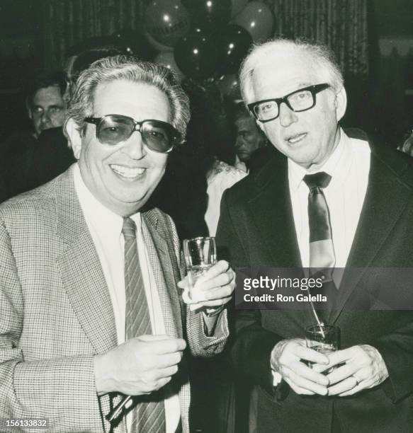 Authors Irving Wallace and Sidney Sheldon attend the book party for Thomas Thompson 'Celebrity' on April 9, 1982 at the Beverly Hills Hotel in...