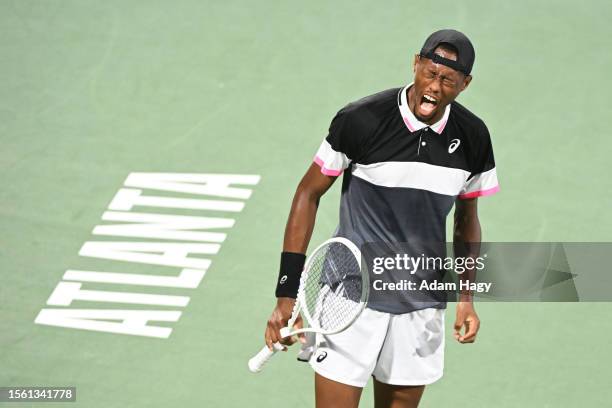 Chris Eubanks reacts after a shot against Aleksandar Vukic of Australia during the ATP Atlanta Open quarter finals at Atlantic Station on July 28,...