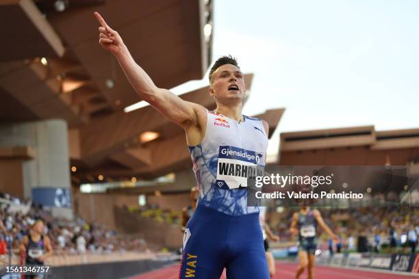 Karsten Warholm of the Norway celebrates winning the 400 m Men's hurdles during Diamond League at Stade Louis II on July 21, 2023 in Monaco, Monaco.