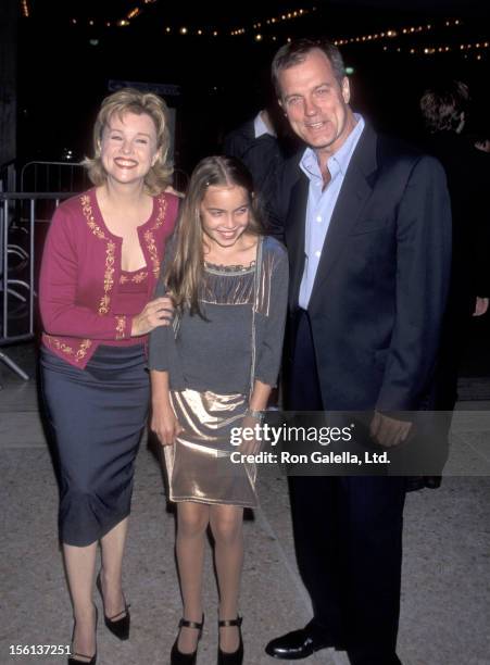 Actors Faye Grant and Stephen Collins and daughter Kate Collins attend the 'Drive Me Crazy' Century City Premiere on September 22, 1999 at Loews...