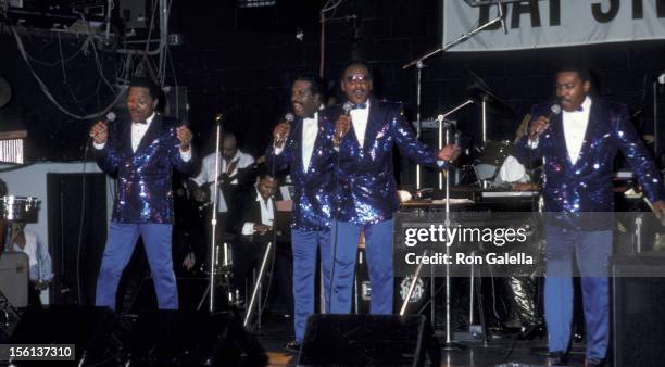 Singers Renaldo 'Obie' Benson, Levi Stubbs, Abdul 'Duke' Fakir and Lawrence Payton of the Four Tops perform on July 26, 1986 at the Bay Street Club...