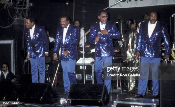 Singers Renaldo 'Obie' Benson, Levi Stubbs, Abdul 'Duke' Fakir and Lawrence Payton of the Four Tops perform on July 26, 1986 at the Bay Street Club...