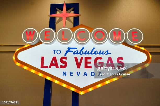 The Las Vegas sign on display throughout Resorts World for Pac-12 Media Day at Zouk Nightclub at Resorts World Las Vegas on July 21, 2023 in Las...