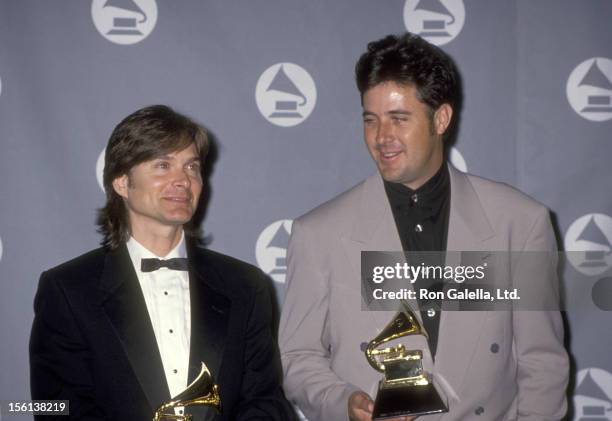 Singer/Songwriter John Barlow Jarvis and Country Singer Vince Gill attend the 35th Annual Grammy Awards on February 24, 1993 at Shrine Auditorium in...