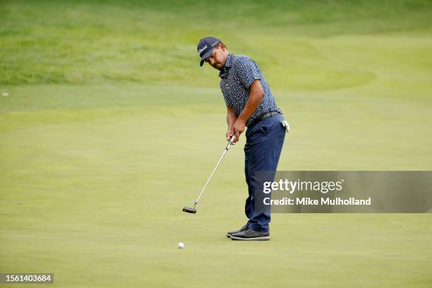 Fabian Gomez of Argentina watches a putt on the ninth hole during the second round of the Price Cutter Charity Championship presented by Dr Pepper at...