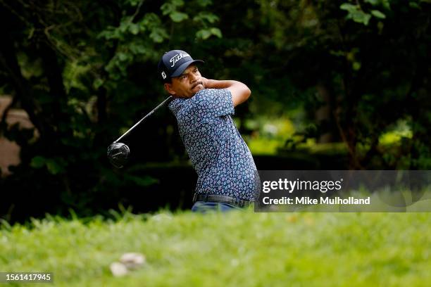 Fabian Gomez of Argentina hits a tee shot on the ninth hole during the second round of the Price Cutter Charity Championship presented by Dr Pepper...