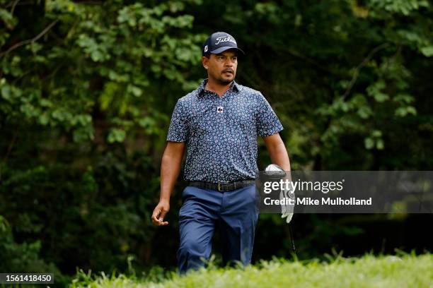 Fabian Gomez of Argentina watches his tee shot on the ninth hole during the second round of the Price Cutter Charity Championship presented by Dr...
