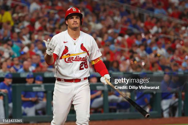 Nolan Arenado of the St. Louis Cardinals reacts after striking out against the Chicago Cubs in the eighth inning at Busch Stadium on July 28, 2023 in...